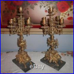 Antique French Old World Style Brass Marble Candelabra Candle Holders