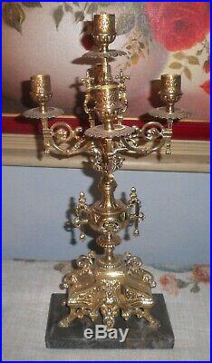 Antique French Old World Style Brass Marble Candelabra Candle Holders