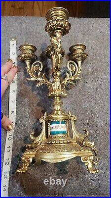 Antique French Ormolu Gilt Bronze/Brass and floral porcelain Hand Candlestick