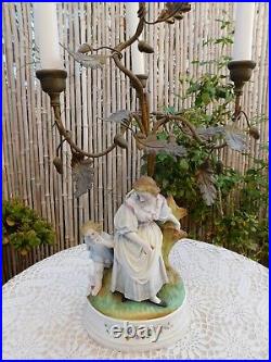 Antique French Porcelain Figurine Brass Candle Holder Candelabra Paris