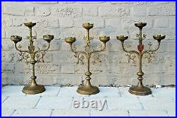 Antique French Religious set 3 Altar 3 arm Candelabras Candle holder Brass