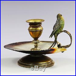 Antique French brass shell candle holder with Vienna cold painted bronze Parakeet