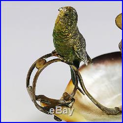 Antique French brass shell candle holder with Vienna cold painted bronze Parakeet