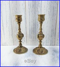 Antique French candlesticks, pair Baroque gilt brass candlesticks candle holders