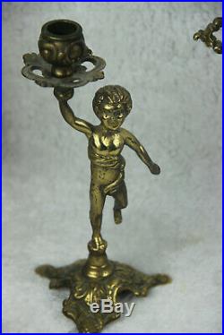 Antique French vanity Bronze brass putti Mirror candle holder set make up