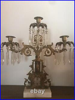 Antique Gilded Brass Ivanhoe 3-Candle Candlebra Girandole with 30 Prisms