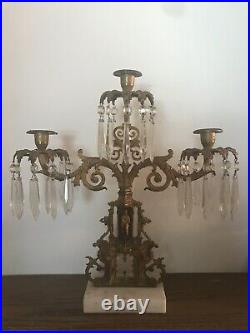 Antique Gilded Brass Ivanhoe 3-Candle Candlebra Girandole with 30 Prisms