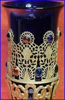 Antique Gilt Brass Gemstones BLUE Glass Vigil Light St. MARY Altar Candle Lamp