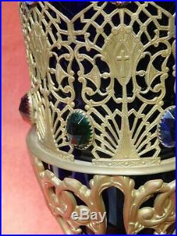 Antique Gilt Brass Gemstones BLUE Glass Vigil Light St. MARY Altar Candle Lamp
