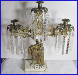 Antique Gilt Brass & Marble Candelabra Center Candlestick Glass Prisms