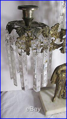 Antique Gilt Brass & Marble Candelabra Center Candlestick Glass Prisms