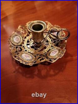 Antique Gilt Bronze/Brass & Porcelain Chamberstick Candle Holder