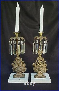 Antique Girandole Brass And Crystal Flower Basket Candle Holders On Marble 15