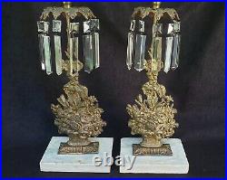 Antique Girandole Brass And Crystal Flower Basket Candle Holders On Marble 15