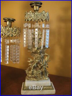 Antique Girandole Brass Crystal Prism Candelabra Figural Set 3 Pcs Double Marble