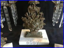 Antique Girandole Candelabra Mantle Lustre Candle Holder Prism Lamp 3 Piece Set