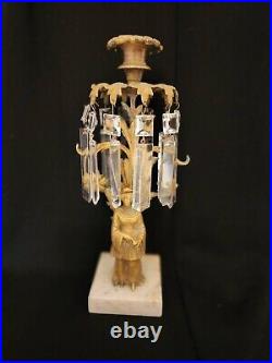Antique Girandole Candle Holder Brass Marble Crystal Square Prisms Woman 12