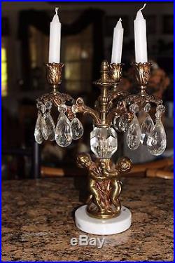 Antique Girandole Marble Brass Crystal Prism Candle Holders Candelabras Cupids