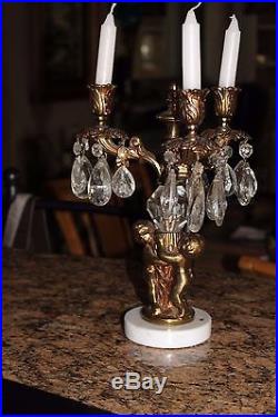 Antique Girandole Marble Brass Crystal Prism Candle Holders Candelabras Cupids