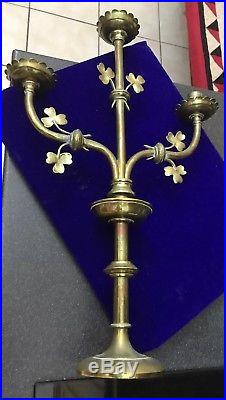 Antique Gothic Brass 21 Shamrock Clover Candelabra Candle Holder Church Irish