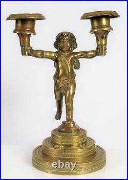 Antique Heavy Brass Cherub Angel Holding Two Candle Sticks Holder Victorian