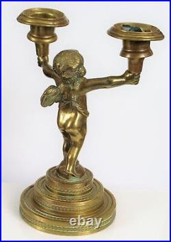 Antique Heavy Brass Cherub Angel Holding Two Candle Sticks Holder Victorian