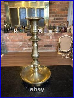 Antique Heavy Solid Brass Candlestick Holder Saucer Pan Base, 17/18th Century