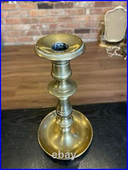 Antique Heavy Solid Brass Candlestick Holder Saucer Pan Base, 17/18th Century