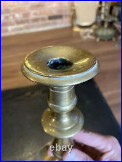 Antique Heavy Solid Brass Candlestick Holder Saucer Pan Base, 17/18th Century