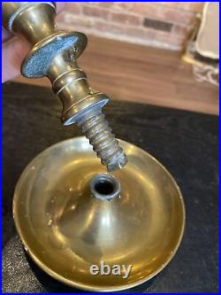 Antique Heavy Solid Brass Candlestick Holder Saucer Pan Base, 17/18th Century