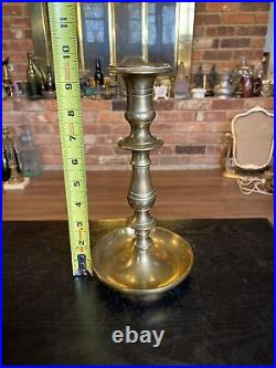 Antique Heavy Solid Brass Candlestick Holder Saucer Pan Base, 17/18th Century