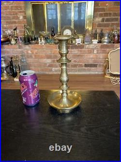 Antique Heavy Solid Brass Candlestick Holder Saucer Pan Base, 17/18th Century