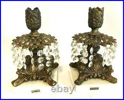Antique Hollywood Regency Brass Italian Marble Candleholders With Prisms ITALY