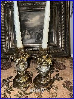 Antique Hollywood Regency Style Ornate Gold cast Brass Candlestick Holders