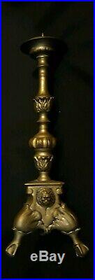 Antique Italian Brass Bronze Lion Church Altar Candleholder Ball Claw Feet 17.5