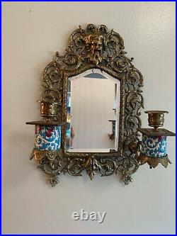Antique Longwy Pottery Wall Sconce Candle Holder Beveled Mirror Back Wall
