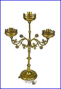 Antique Matched Pair Brass Gothic Revival 3 Arm Church Altar Candelabra, French