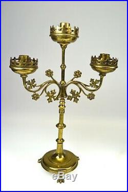 Antique Matched Pair Brass Gothic Revival 3 Arm Church Altar Candelabra, French