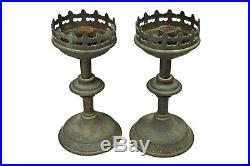 Antique Matching Pair of Brass Gothic Revival Church Altar Candelabras, French