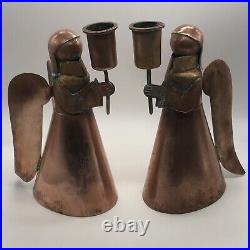 Antique Mexico Heavy Copper Folk Art Angel Candle Holders Christmas Decor