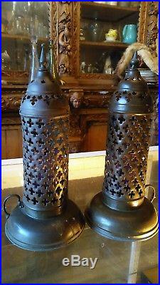 Antique Moorish Persian Brass Candle Holders with Ornate Pierced Brass Shades