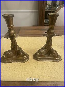 Antique Mottahedeh Pair of Brass Serpentine Dolphin Koi Fish Candlestick Holders