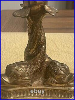 Antique Mottahedeh Pair of Brass Serpentine Dolphin Koi Fish Candlestick Holders