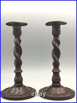 Antique Oak Barley Twist Wood Candlesticks FINE Brass Top A Beautiful Pair
