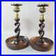 Antique Oak Barley Wood Ornate Brass Candle Stick Holders Twist Victorian Gothic