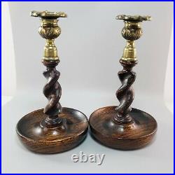 Antique Oak Barley Wood Ornate Brass Candle Stick Holders Twist Victorian Gothic