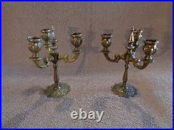 Antique Old Vintage Pair of Heavy Brass 3 Arm Candle Candelabras