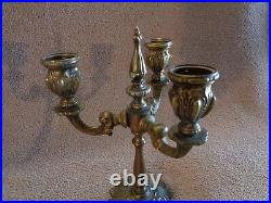 Antique Old Vintage Pair of Heavy Brass 3 Arm Candle Candelabras