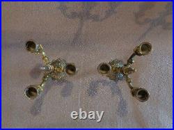 Antique Old Vintage Pair of Heavy Brass 3 Arm Candle Candelabras