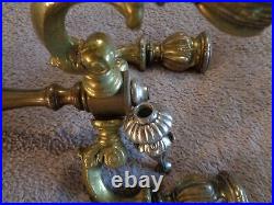 Antique Old Vintage Pair of Heavy Brass 3 Arm Candle Candelabras